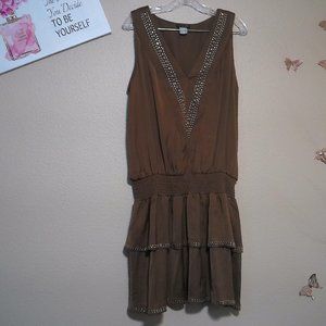 Rich Brown Stud Embellished V Neck Smock Waist Sleeveless Dress SZ XL by Venus